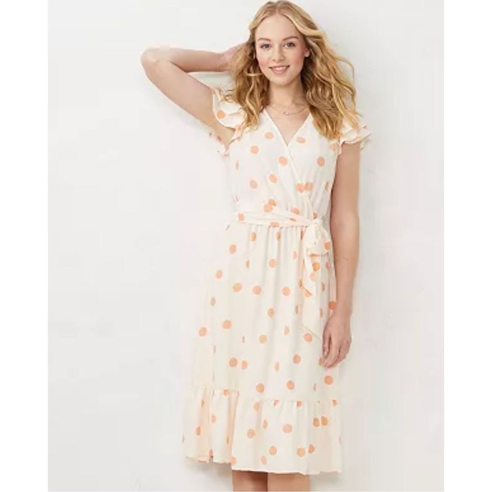 LC Lauren Conrad Women's Flutter Sleeve Polka Dot Midi Dress Beige Sz Medium NWT